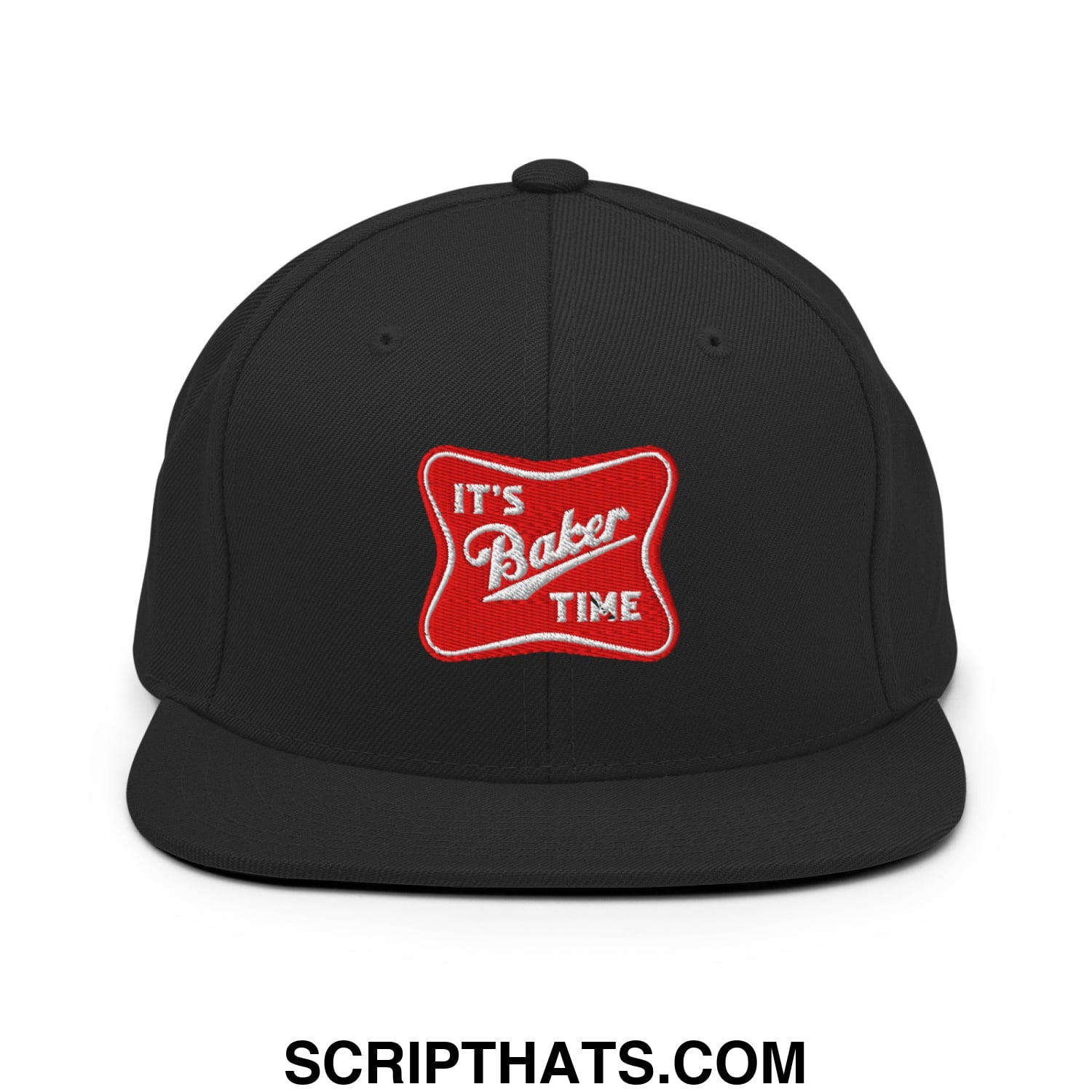 Black snapback cap with red embroidered patch reading its baker time featuring a flat bill brim design