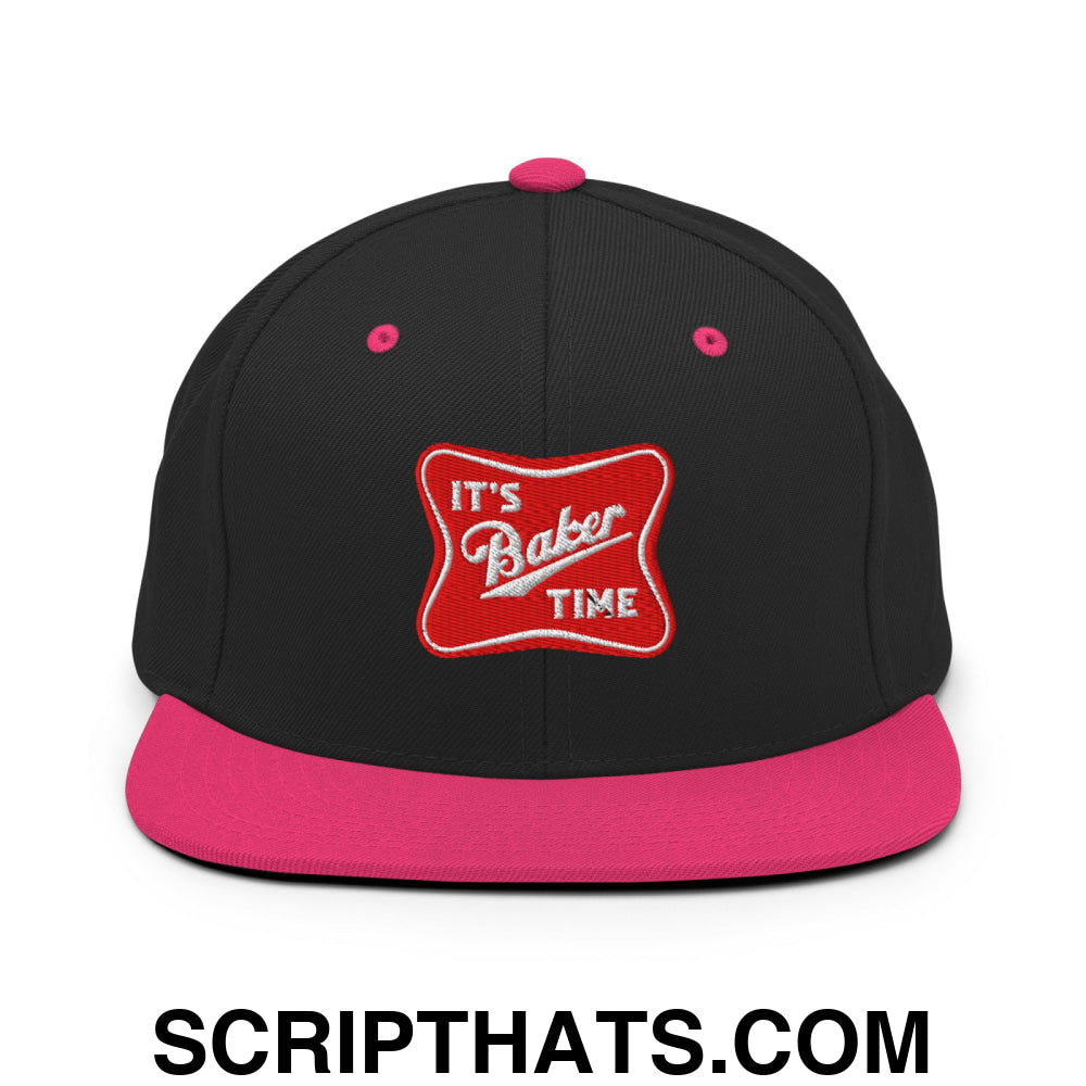 It's Baker Time Embroidered Flat Bill Brim Snapback Hat Black Neon Pink
