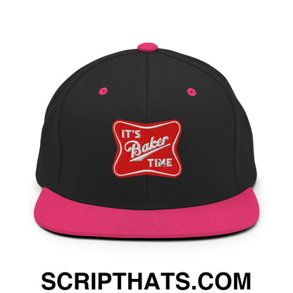 It's Baker Time Embroidered Flat Bill Brim Snapback Hat Black Neon Pink
