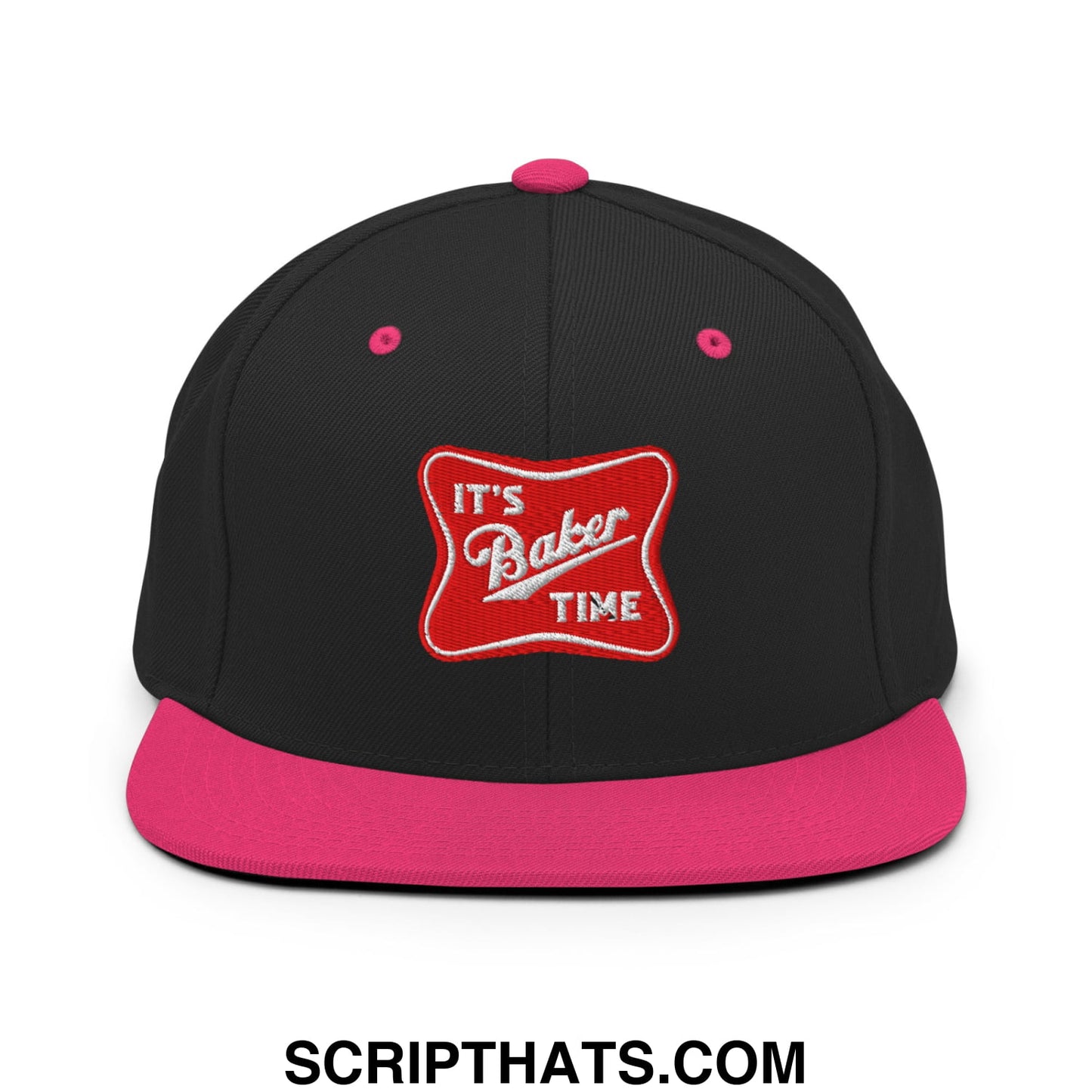 Black snapback hat with vibrant pink brim and button featuring embroidered red patch reading its baker time