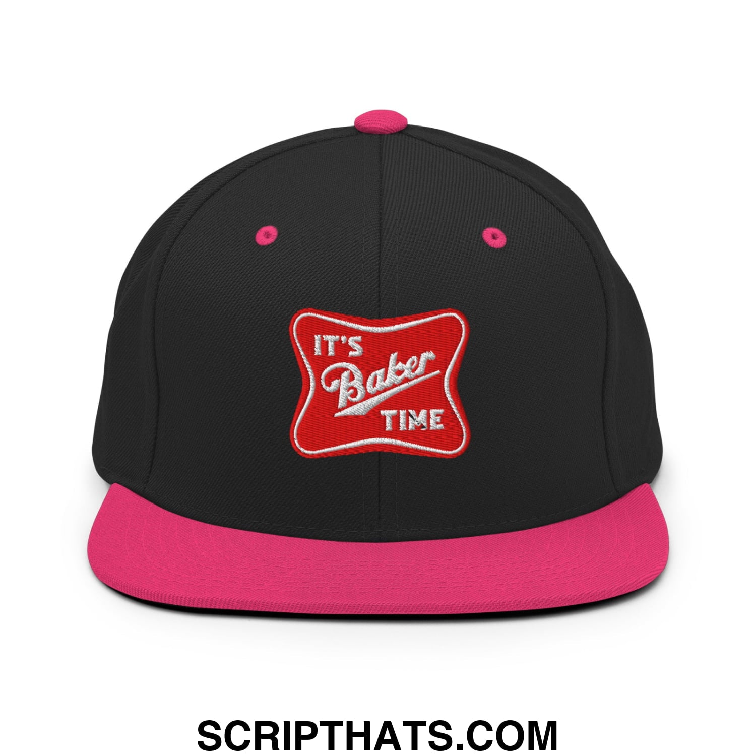 Black snapback hat with vibrant pink brim and button featuring embroidered red patch reading its baker time