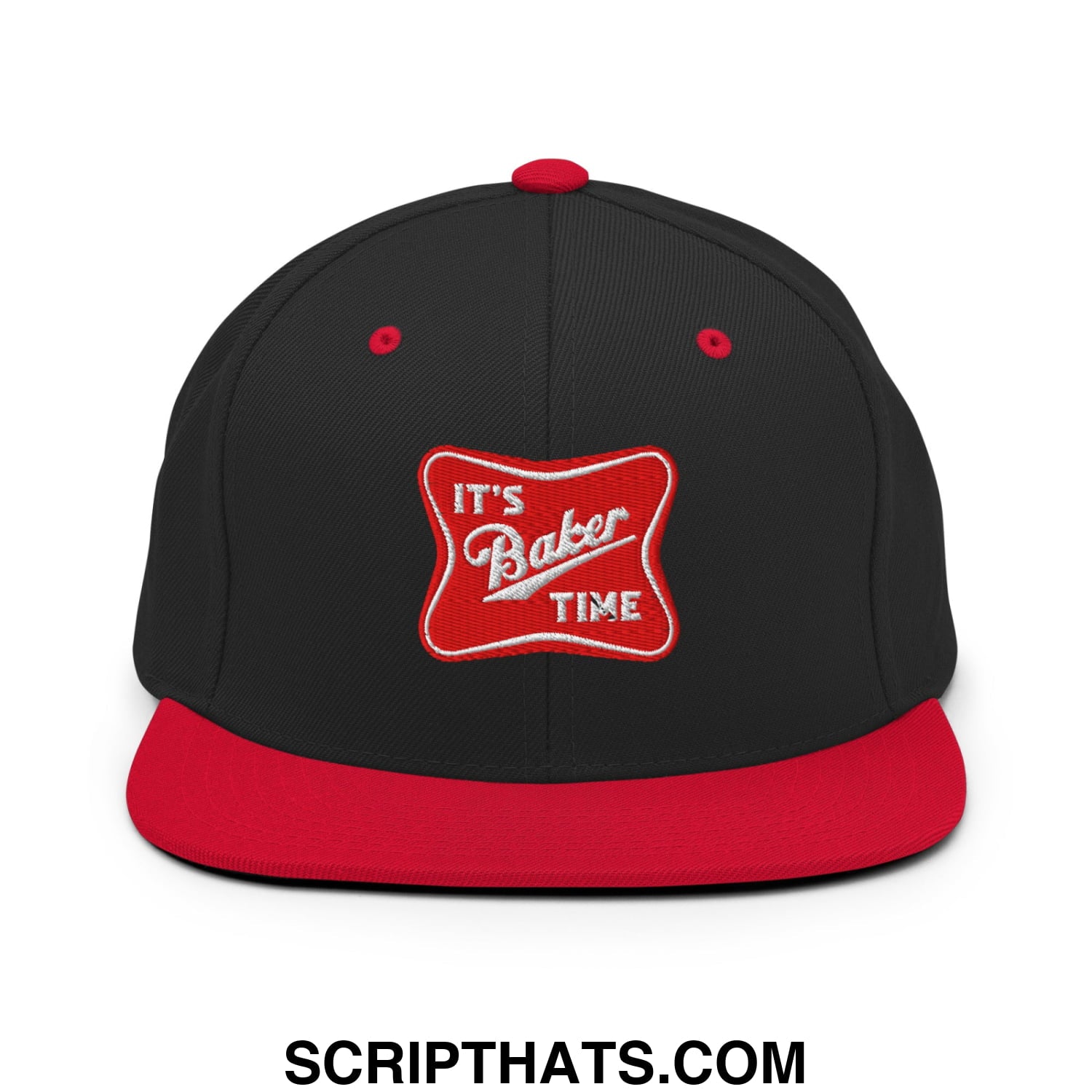 Black and red snapback hat with embroidered its baker time logo and flat bill brim for casual wear