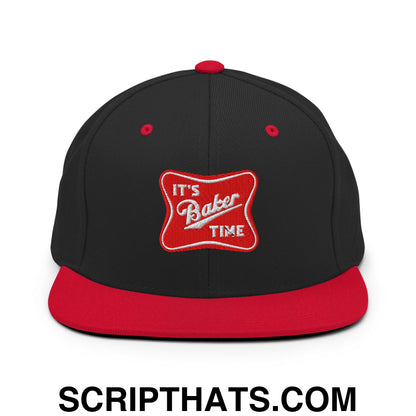 It's Baker Time Embroidered Flat Bill Brim Snapback Hat Black Red