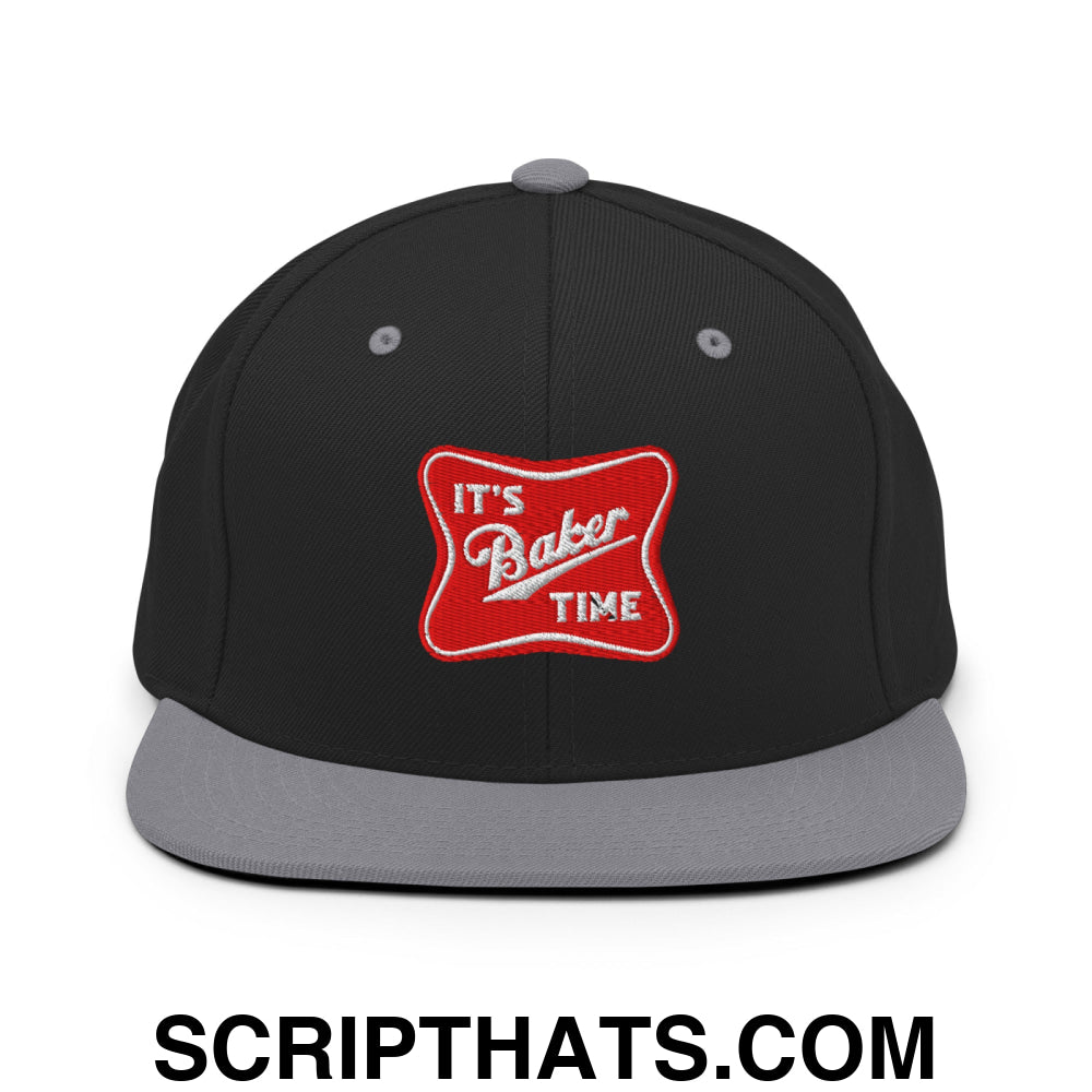 It's Baker Time Embroidered Flat Bill Brim Snapback Hat Black Silver