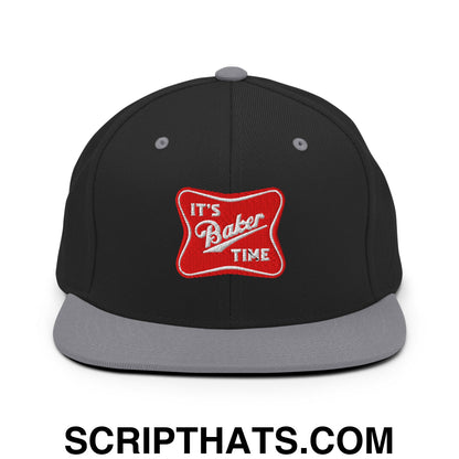 It's Baker Time Embroidered Flat Bill Brim Snapback Hat Black Silver