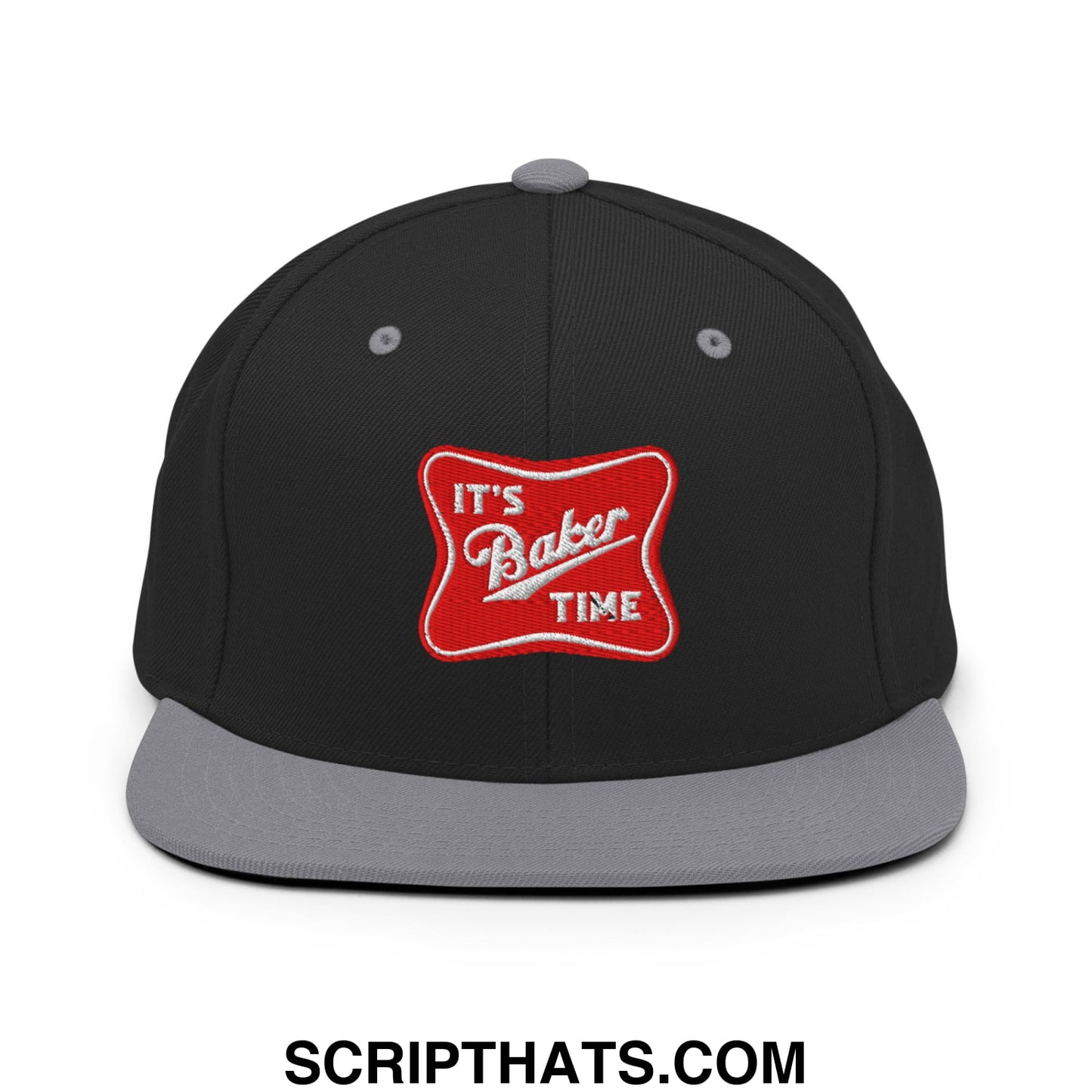 Black snapback hat with gray brim and red patch embroidered with its baker time in white script