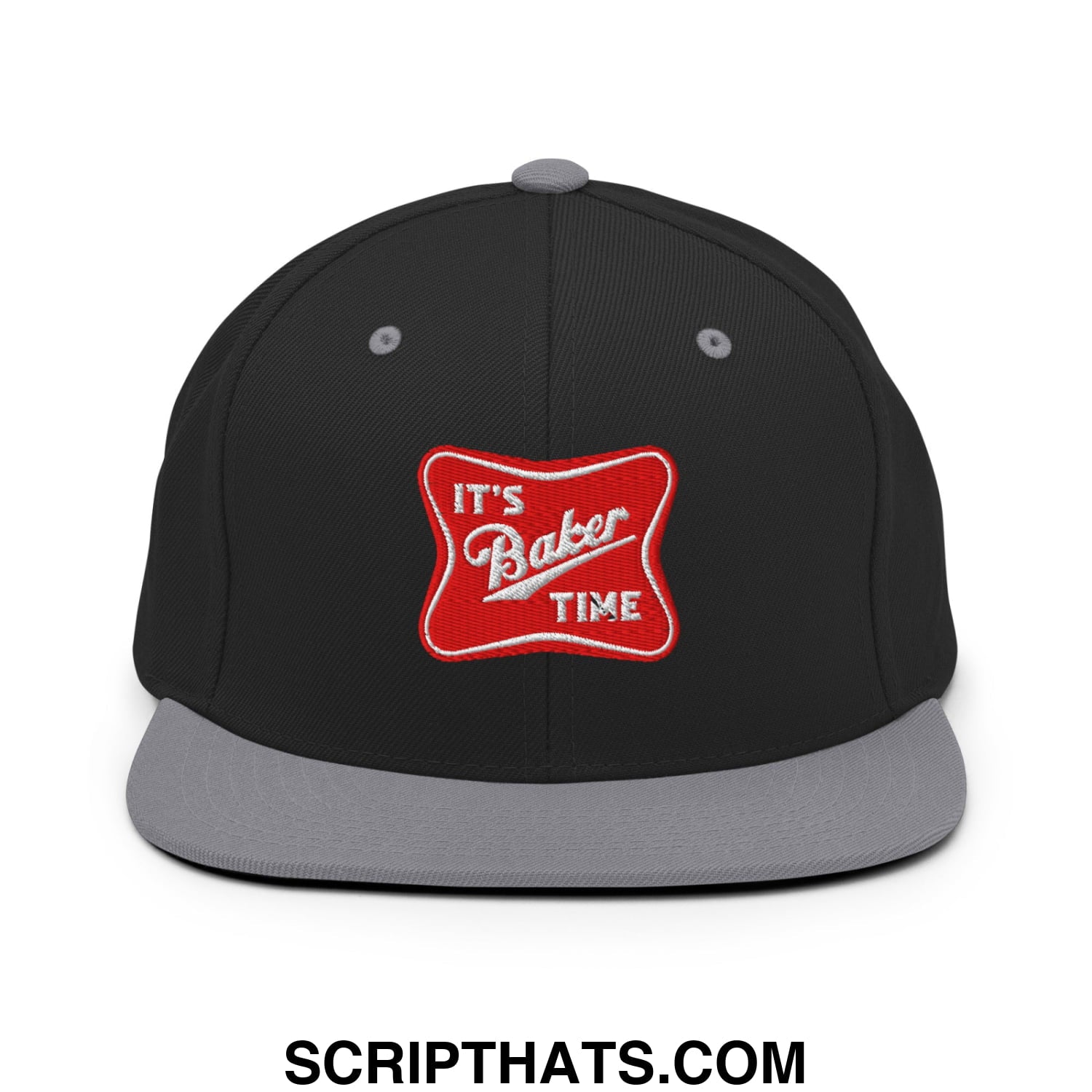 Black snapback hat with gray brim and red patch embroidered with its baker time in white script