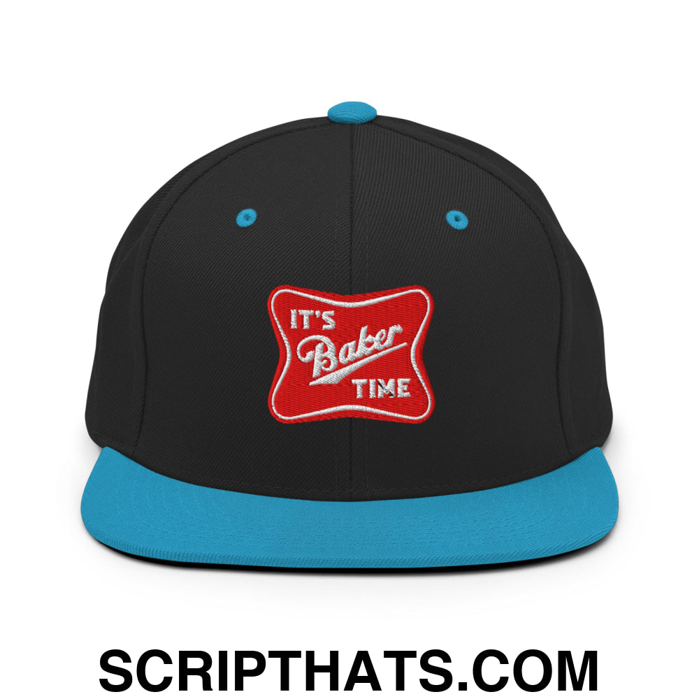 It's Baker Time Embroidered Flat Bill Brim Snapback Hat Black Teal