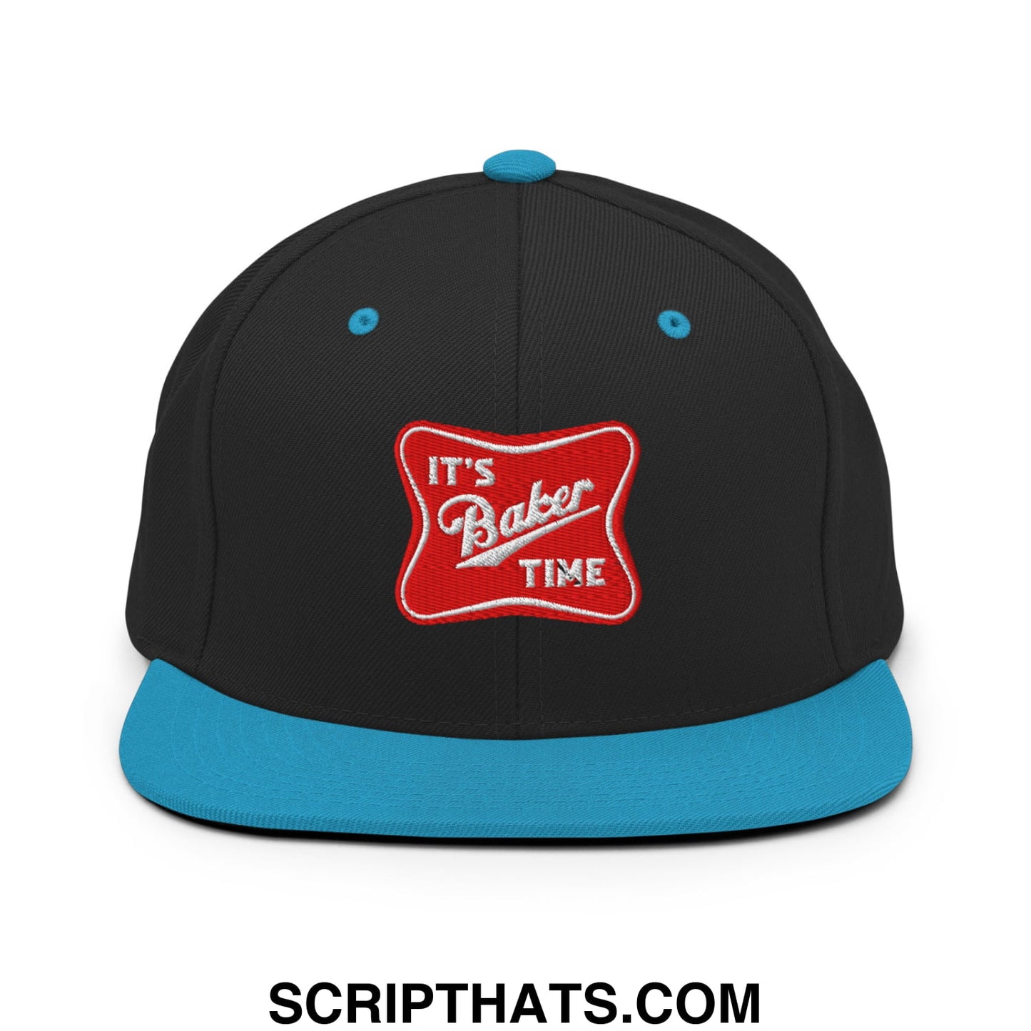 Black snapback cap with teal brim and button featuring an embroidered red patch reading its baker time