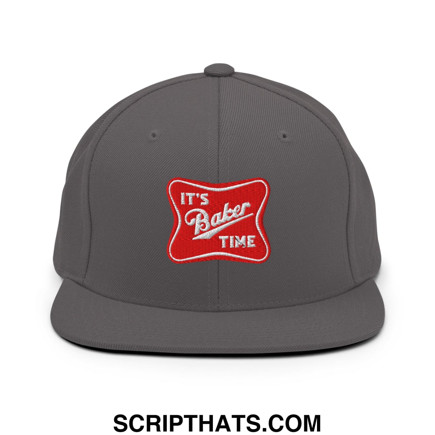 Gray snapback cap with red embroidered patch reading its baker time featuring a flat bill brim design