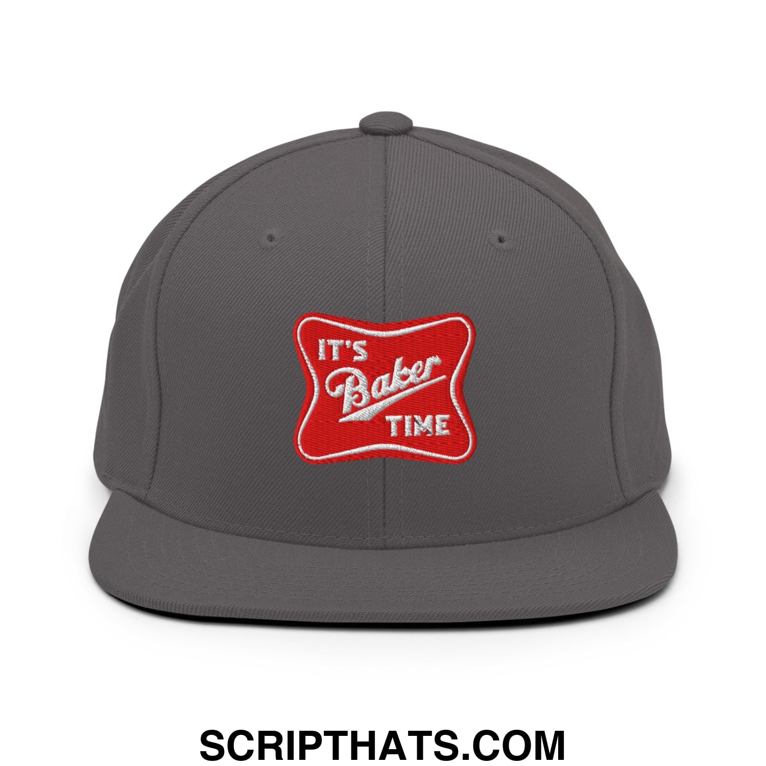 Gray snapback cap with red embroidered patch reading its baker time featuring a flat bill brim design