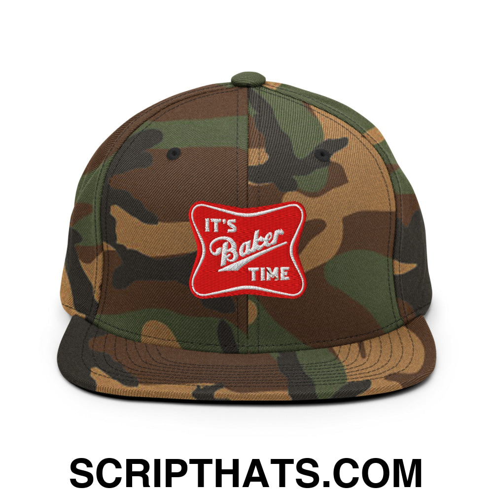 It's Baker Time Embroidered Flat Bill Brim Snapback Hat Green Camo