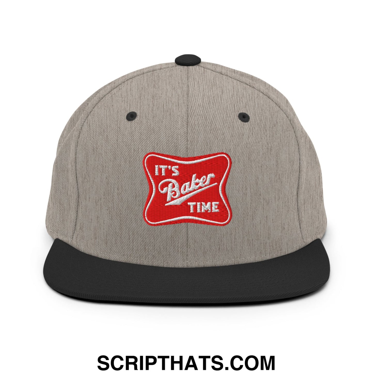 Gray heather snapback hat with black flat bill brim and red embroidered patch reading its baker time