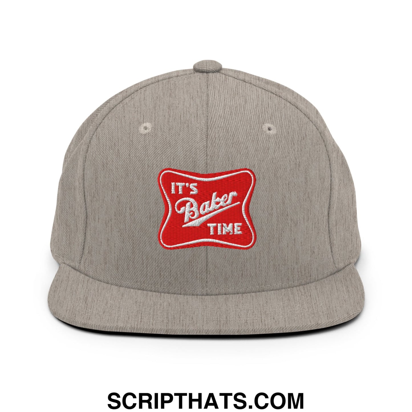 Gray snapback hat with a flat bill brim featuring a red embroidered patch that reads its baker time in white script