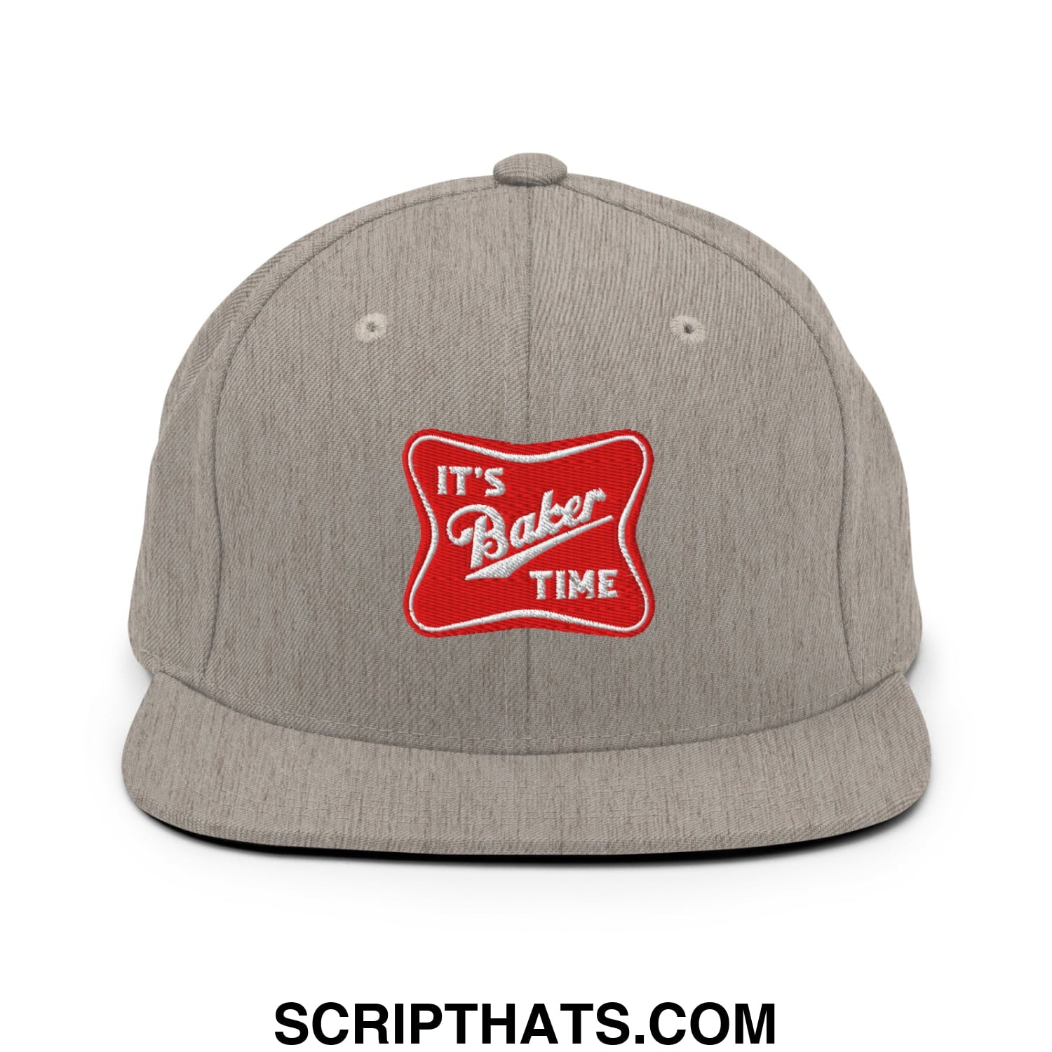 Gray snapback hat with a flat bill brim featuring a red embroidered patch that reads its baker time in white script