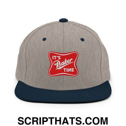 It's Baker Time Embroidered Flat Bill Brim Snapback Hat Heather Grey Navy