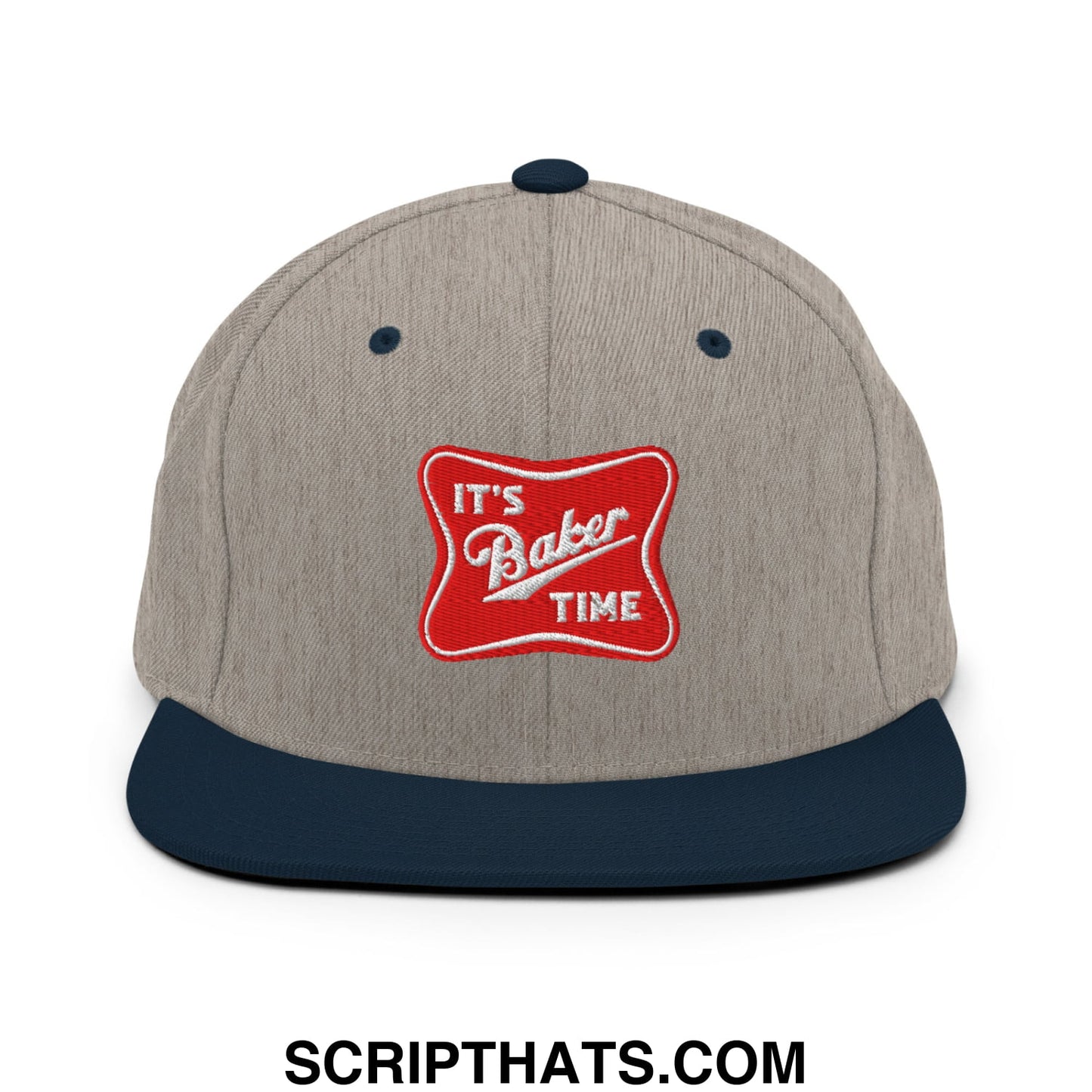 A heather gray snapback hat with a navy blue flat bill and red embroidered patch saying its baker time