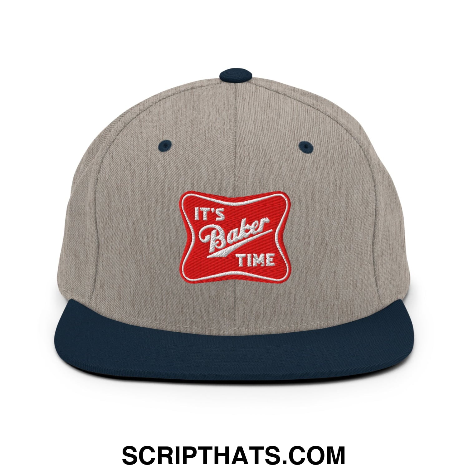 A heather gray snapback hat with a navy blue flat bill and red embroidered patch saying its baker time