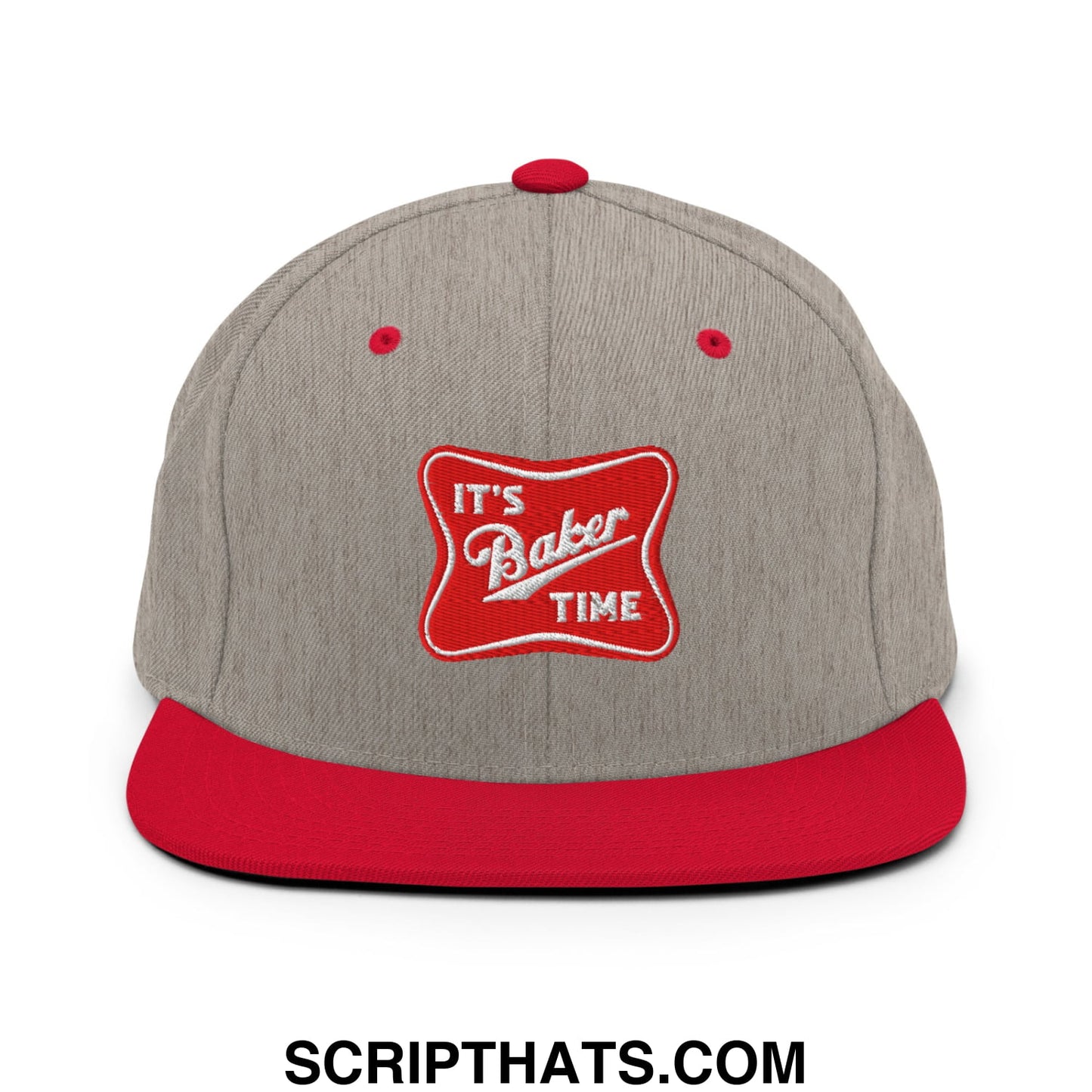 Gray and red snapback hat with embroidered its baker time logo on the front and flat bill brim design