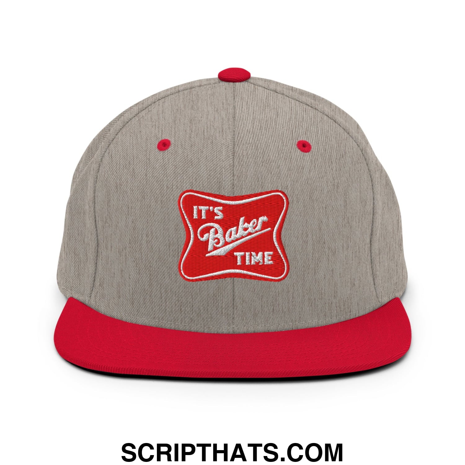 Gray and red snapback hat with embroidered its baker time logo on the front and flat bill brim design