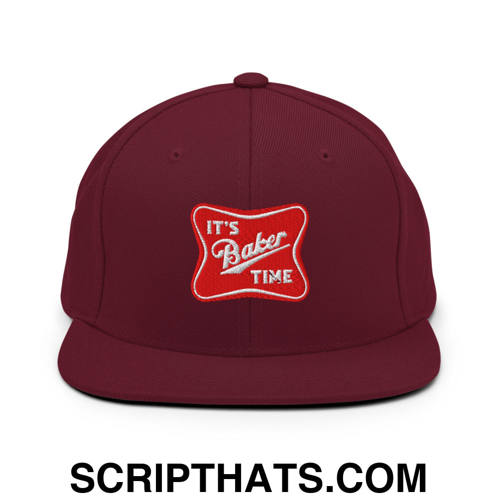 It's Baker Time Embroidered Flat Bill Brim Snapback Hat Maroon