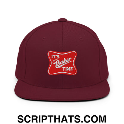 It's Baker Time Embroidered Flat Bill Brim Snapback Hat Maroon