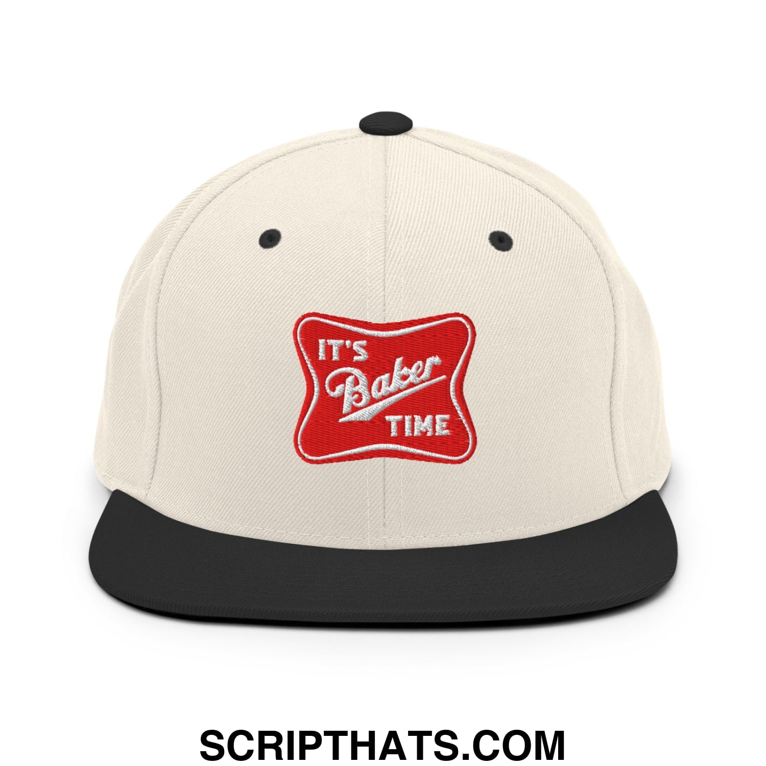 Cream-colored snapback hat with black flat bill and red embroidered patch reading its baker time in white script