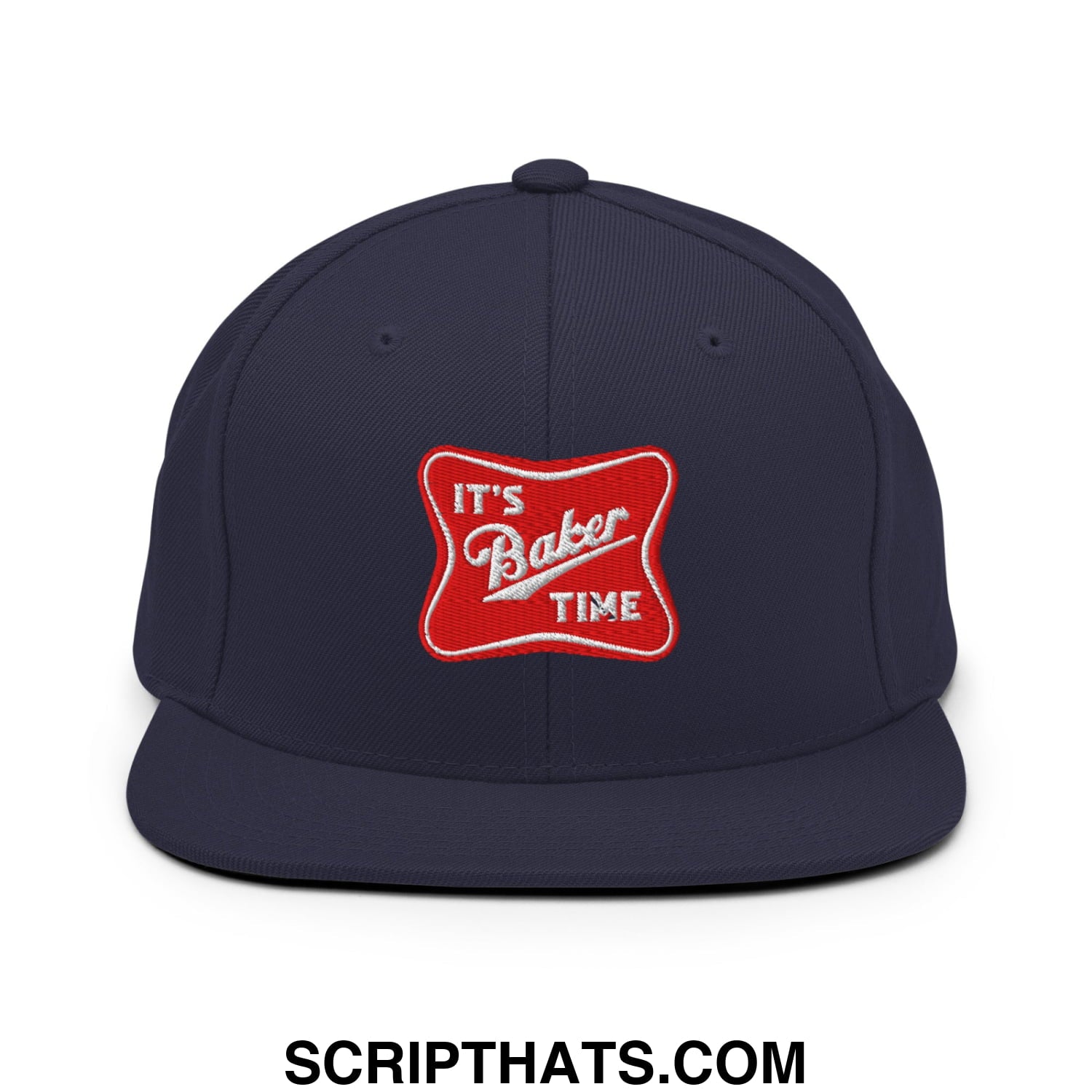 Navy blue snapback hat with a flat bill featuring a red embroidered patch reading its baker time