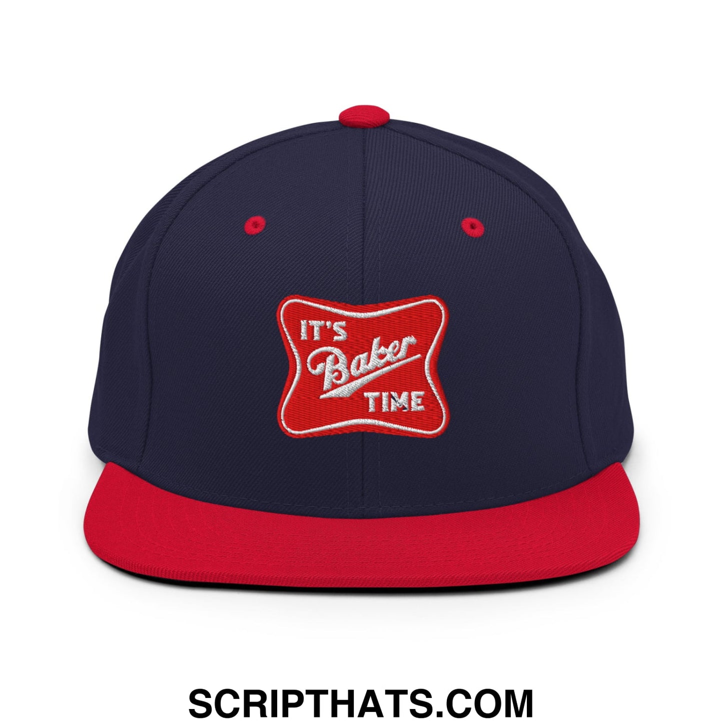 Navy blue and red snapback hat with embroidered its baker time logo and flat bill brim design