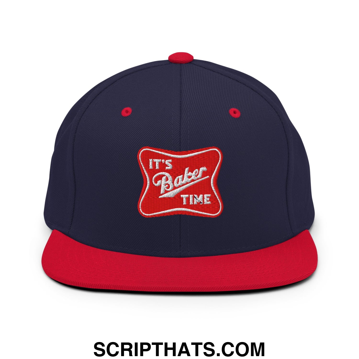 Navy blue and red snapback hat with embroidered its baker time logo and flat bill brim design