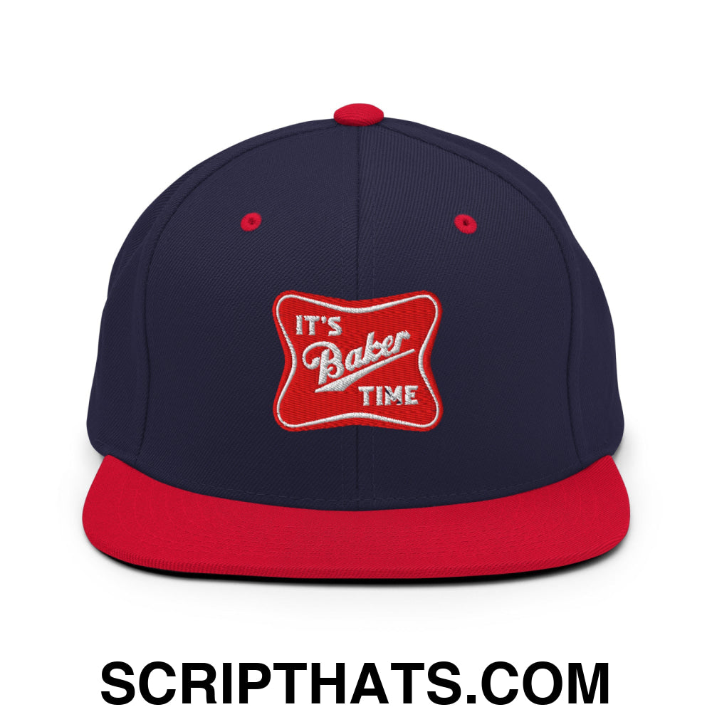 It's Baker Time Embroidered Flat Bill Brim Snapback Hat Navy Red