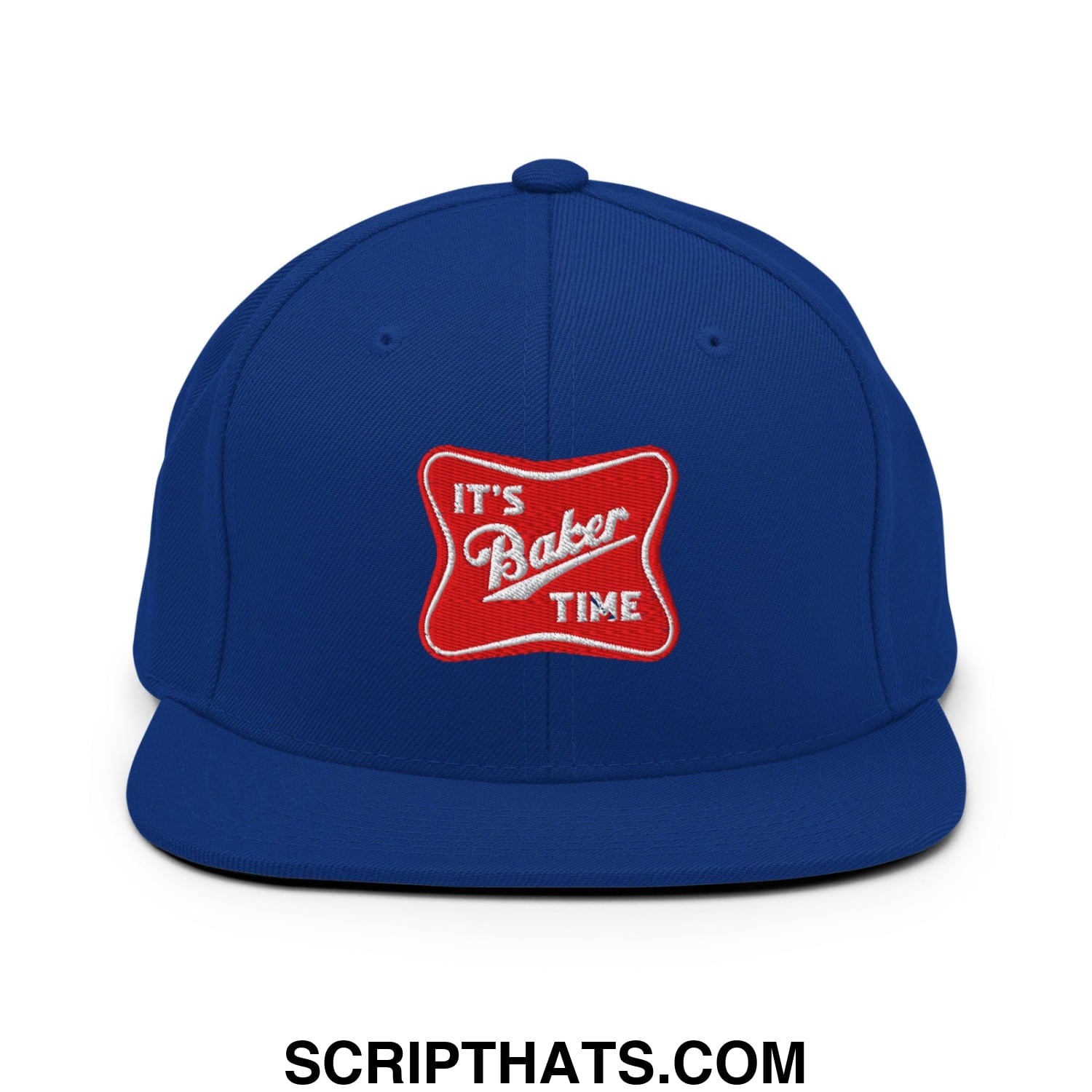 Royal blue flat bill brim snapback hat with red embroidered patch reading its baker time in white lettering
