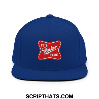 Royal blue flat bill brim snapback hat with red embroidered patch reading its baker time in white lettering