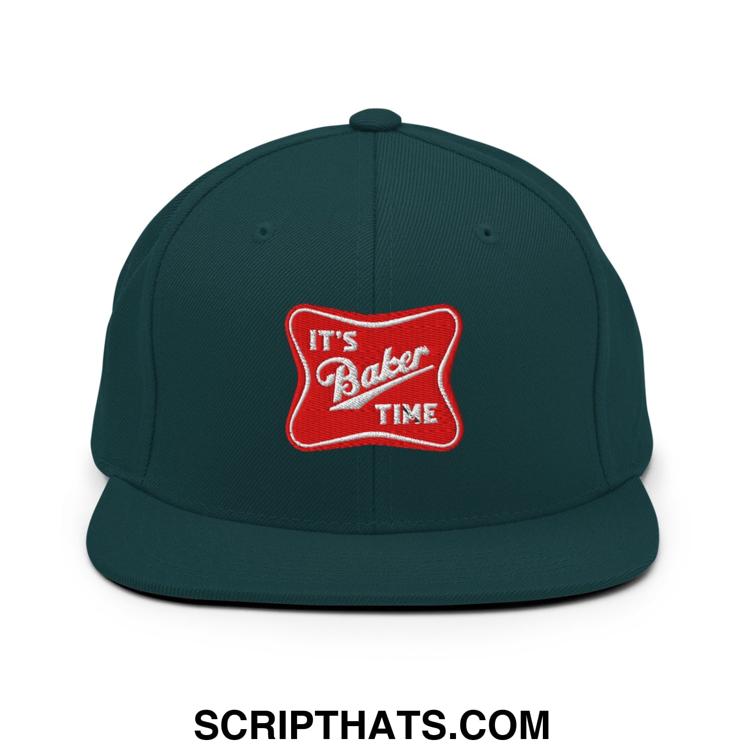 Dark green snapback cap with red embroidered patch reading its baker time flat bill brim hat for casual wear