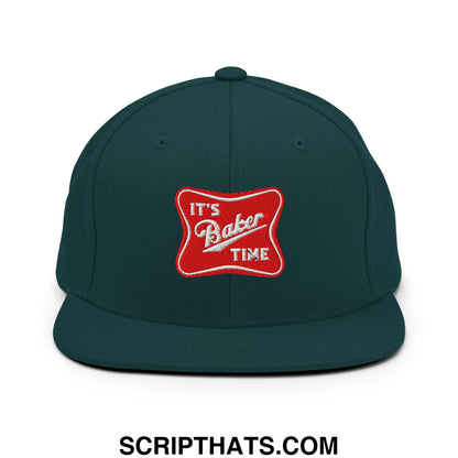 Dark green snapback cap with red embroidered patch reading its baker time flat bill brim hat for casual wear