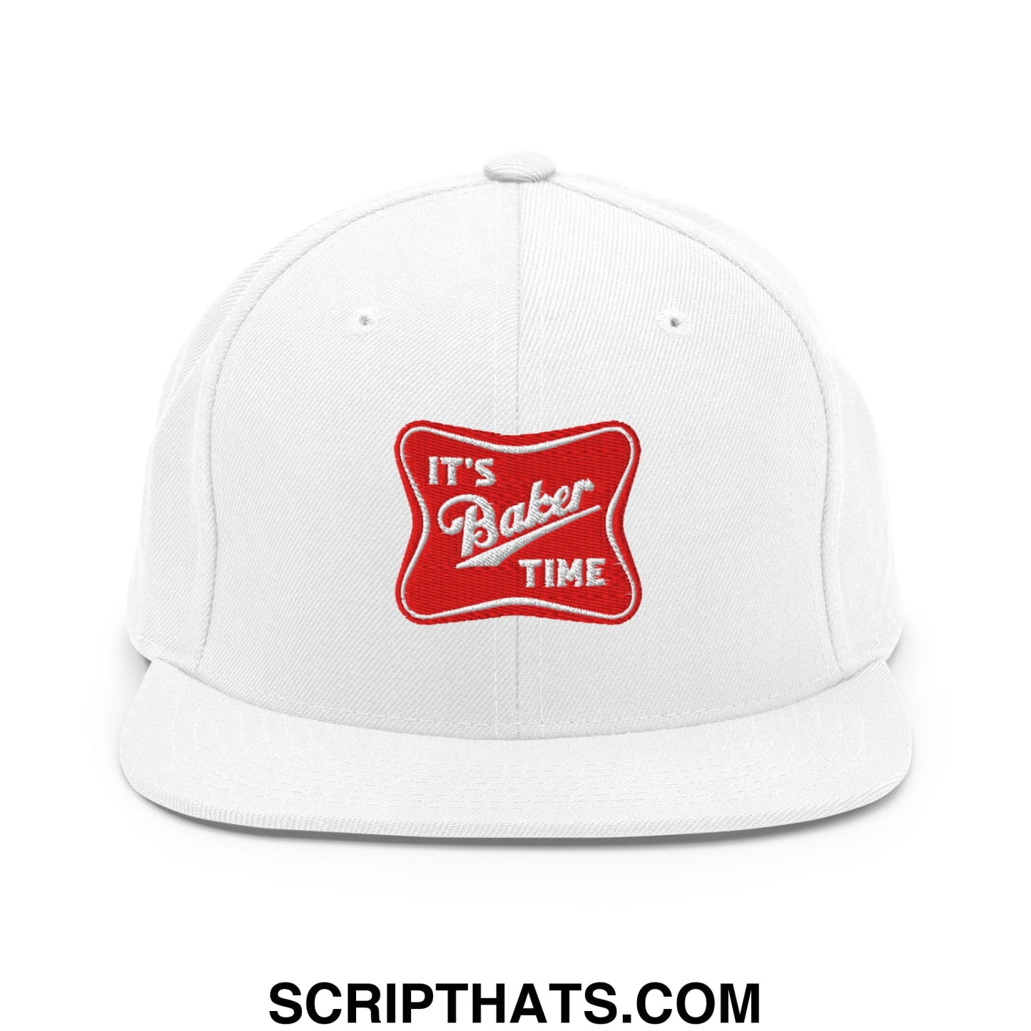 White snapback hat with a red embroidered patch reading its baker time in white script on a flat bill brim