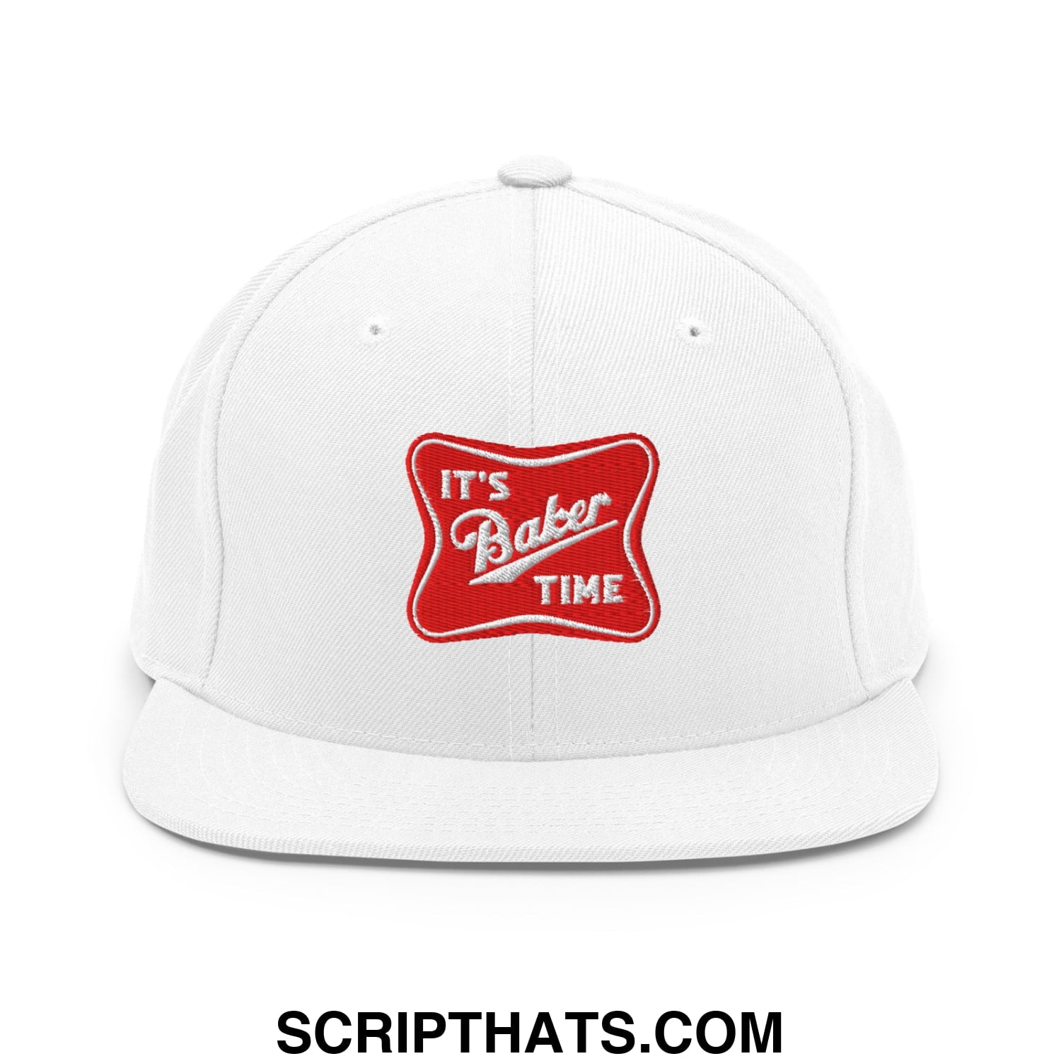White snapback hat with a red embroidered patch reading its baker time in white script on a flat bill brim