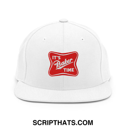 White snapback hat with a red embroidered patch reading its baker time in white script on a flat bill brim