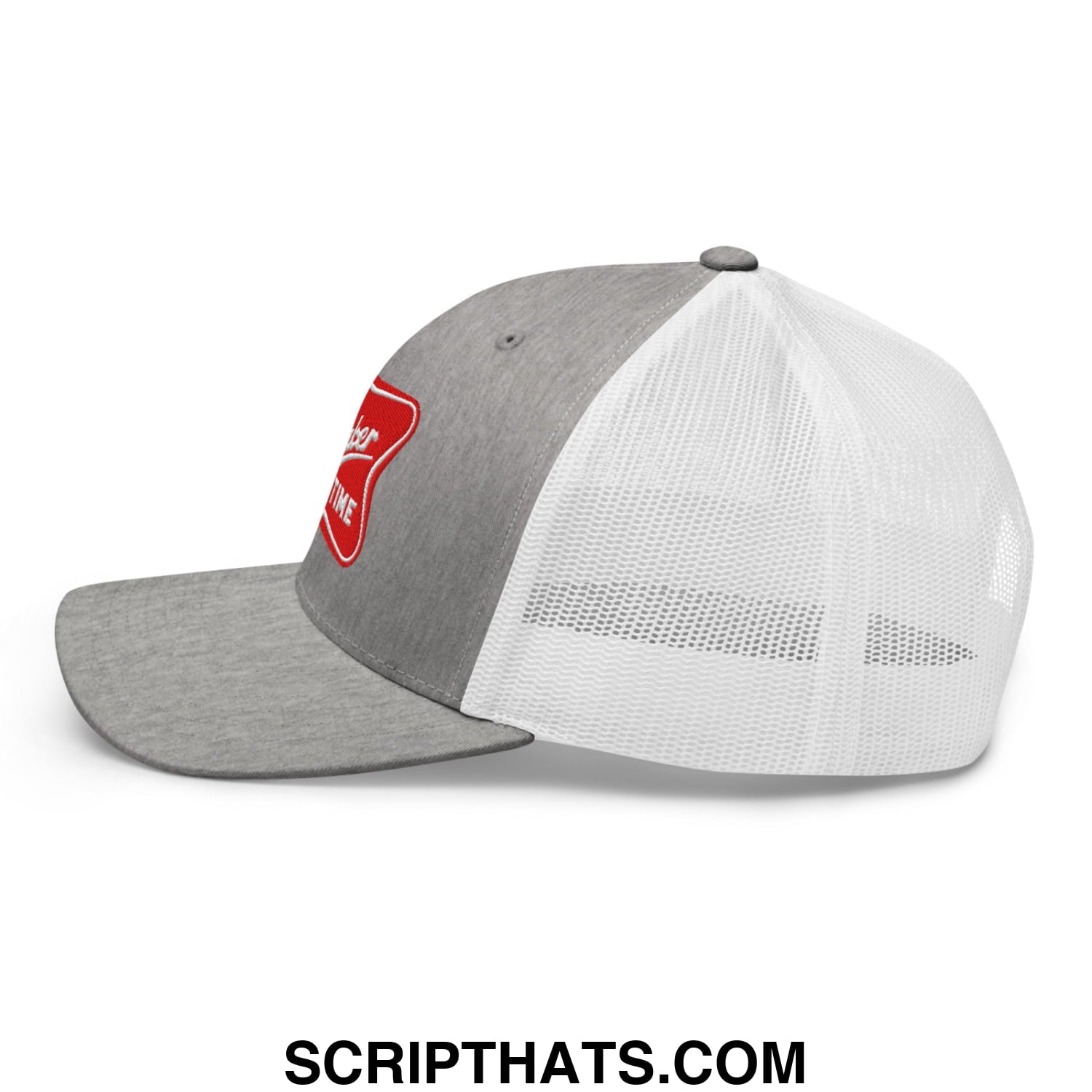 Gray and white mesh trucker hat with red embroidered its baker time logo on front panel