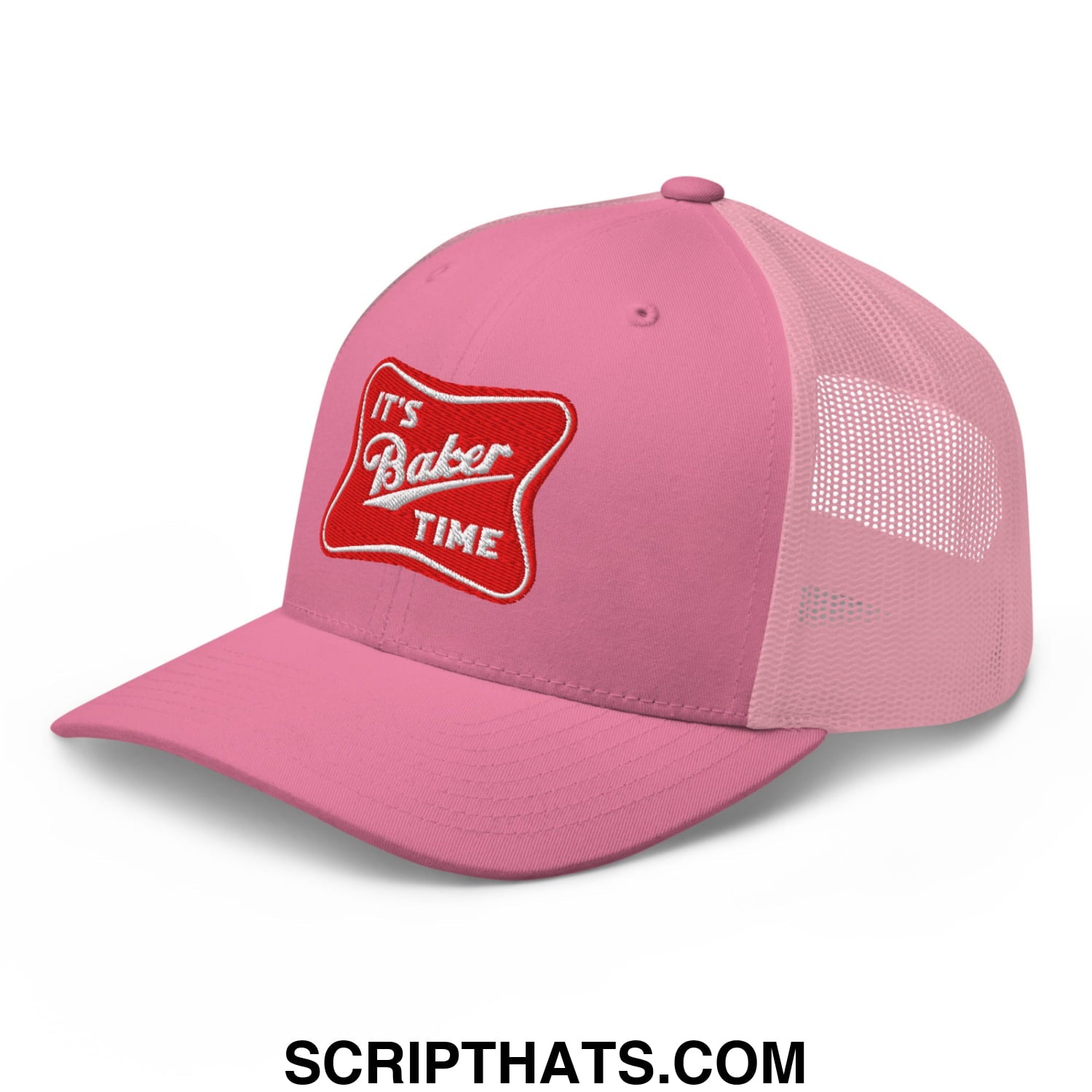 Pink mesh trucker hat with red embroidered patch reading its baker time in white script