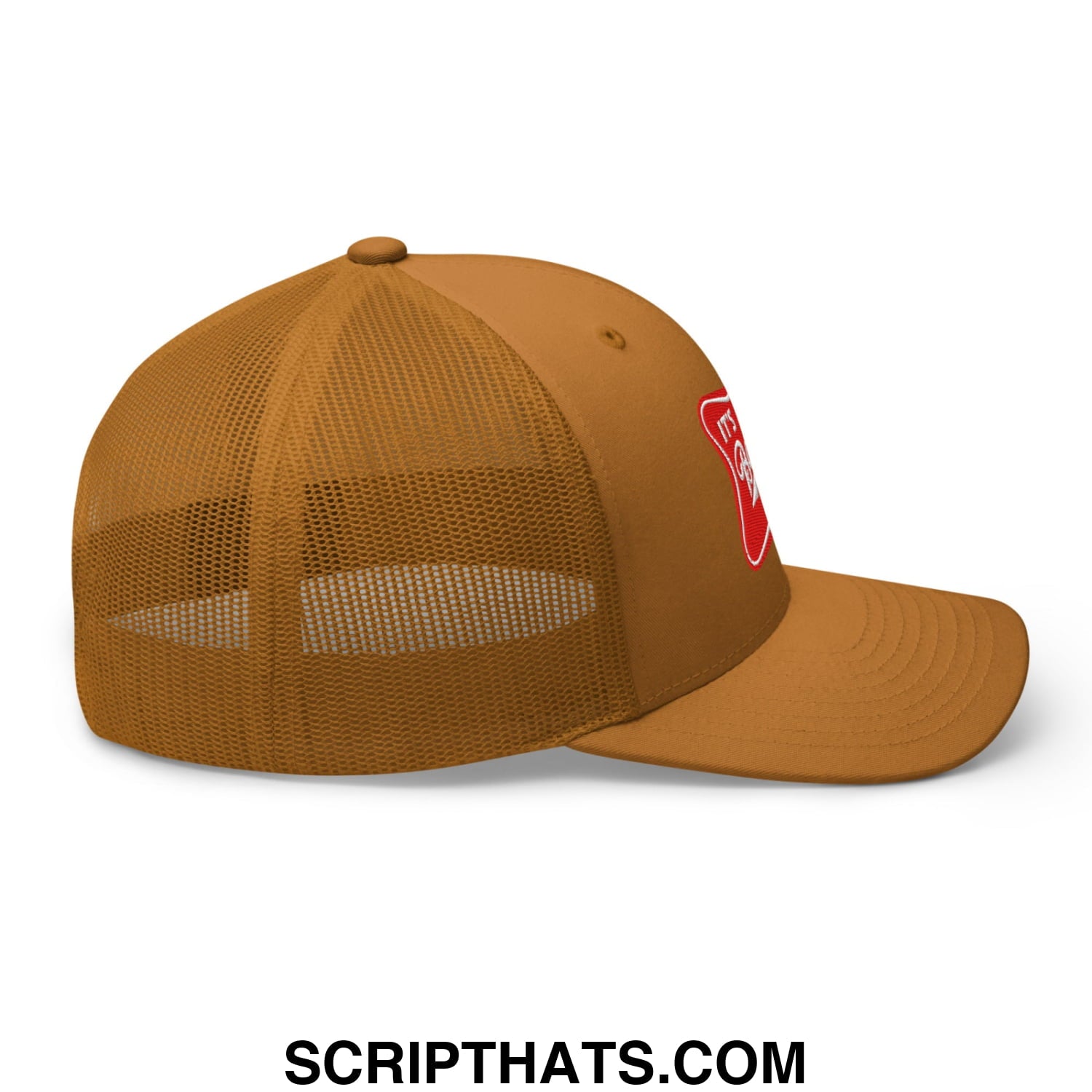 Tan mesh trucker baseball cap with red embroidered logo side detail from the its baker time embroidered mesh trucker hat collection