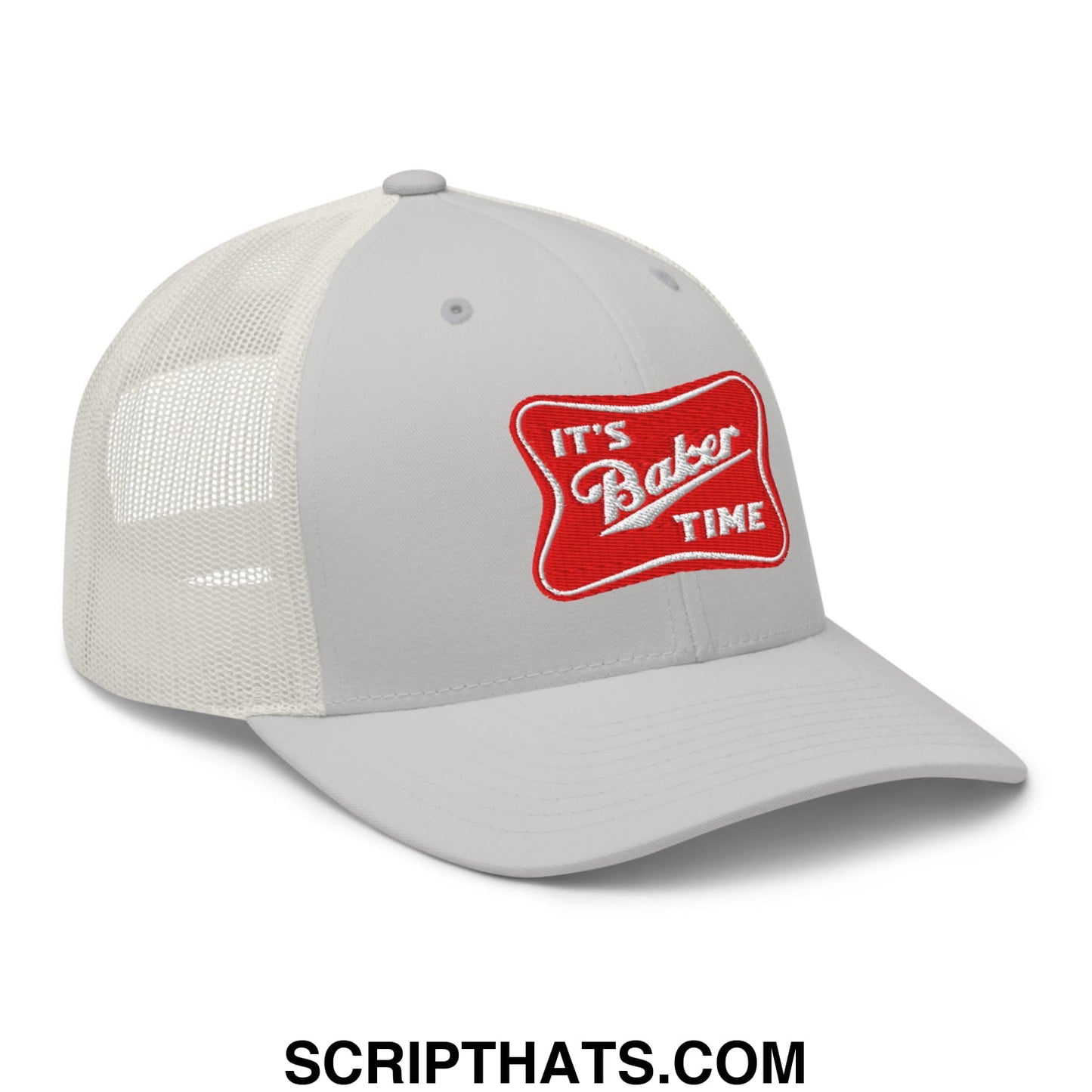 Gray mesh trucker hat with red embroidered patch reading its baker time in white script