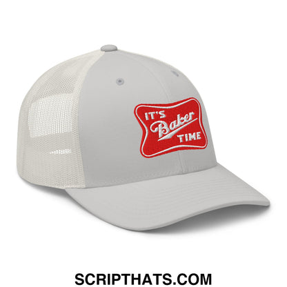 Gray mesh trucker hat with red embroidered patch reading its baker time in white script