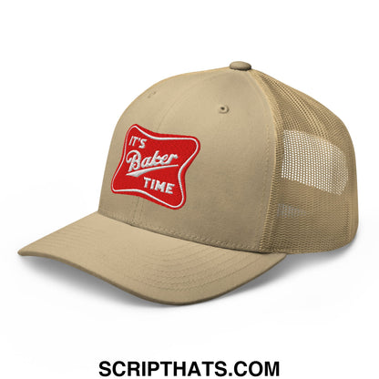 Beige mesh trucker hat with red embroidered its baker time patch on front for casual wear