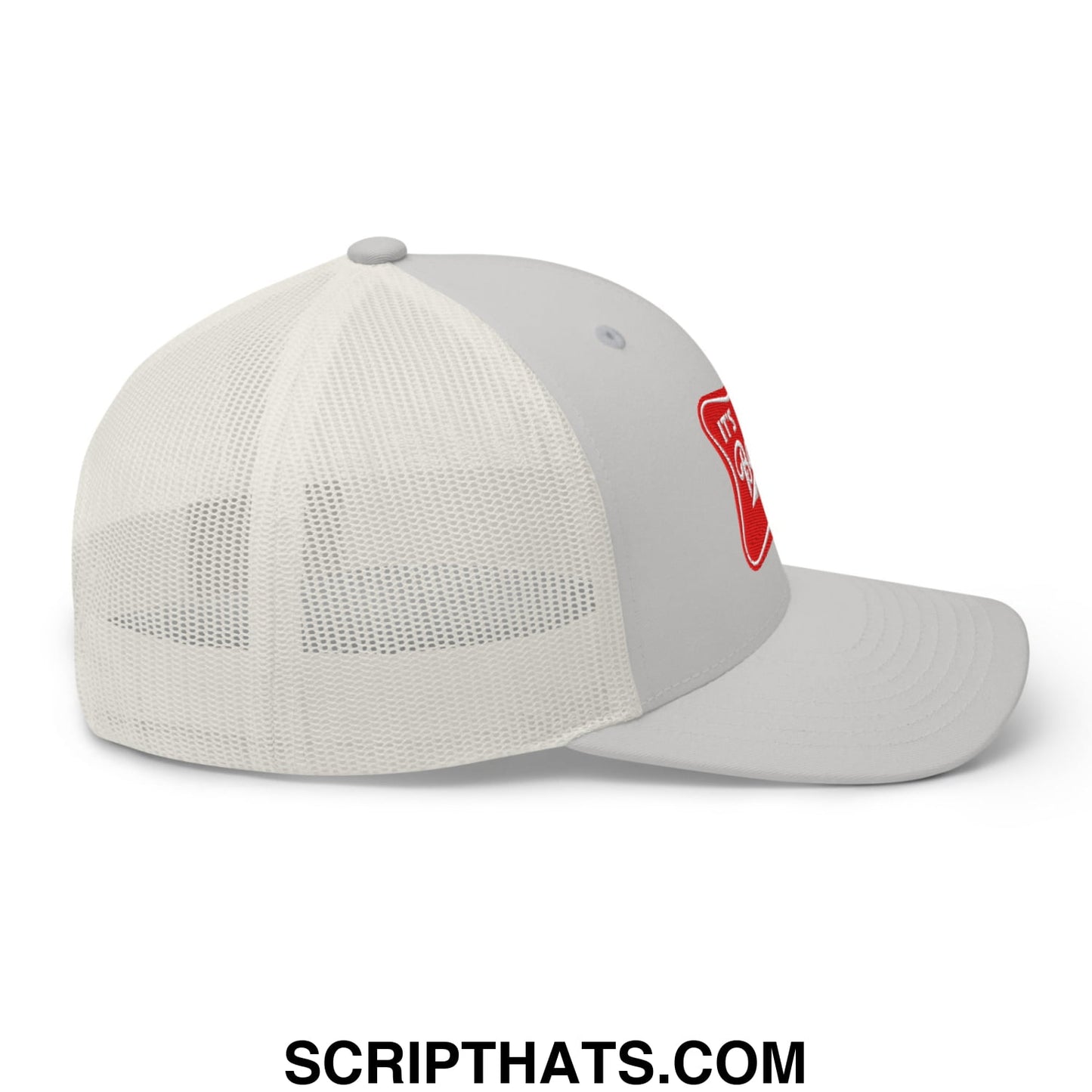 Gray it’s baker time embroidered mesh trucker hat with white mesh back and red embroidered patch on the side