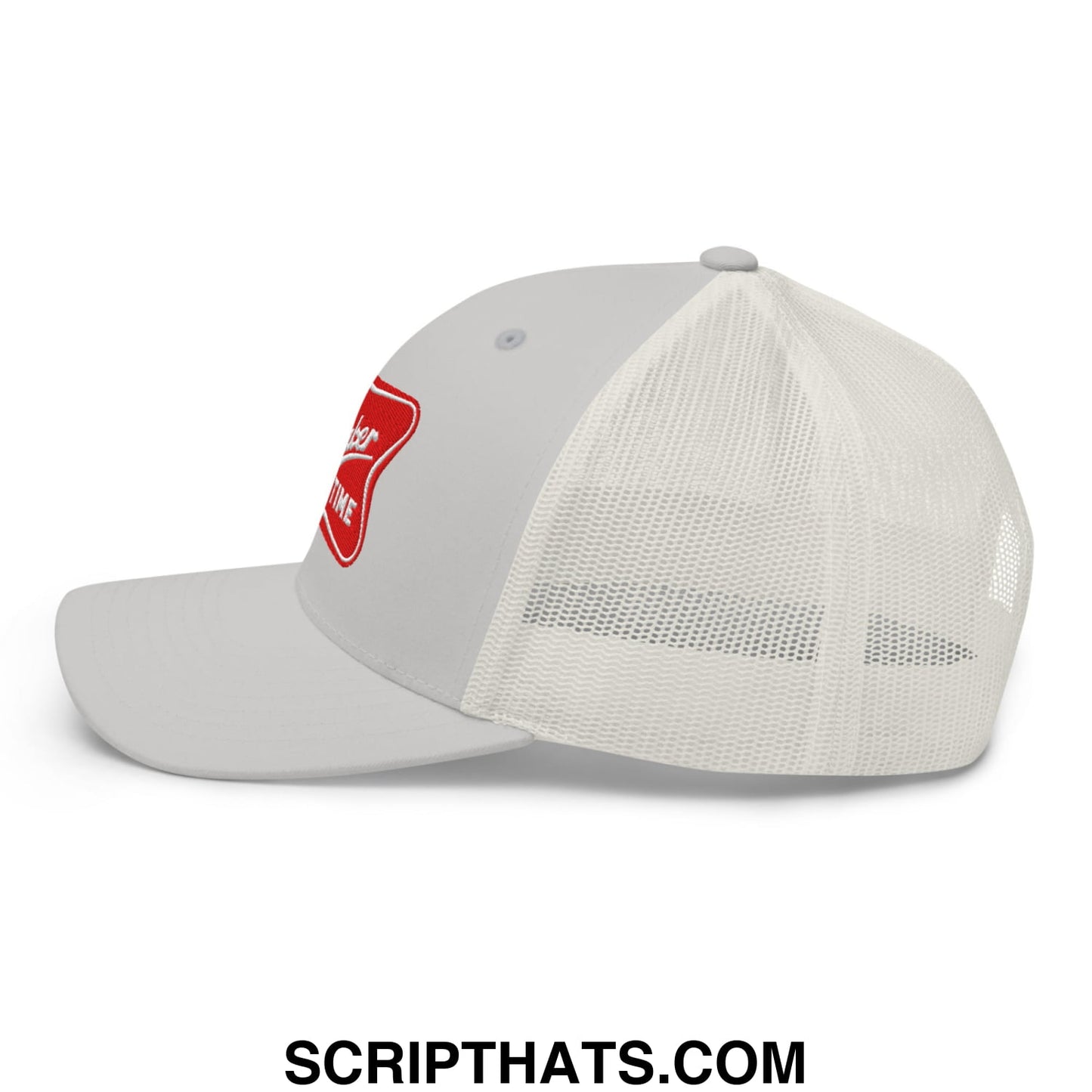 Gray it’s baker time embroidered mesh trucker hat with red patch on side and white mesh back visible