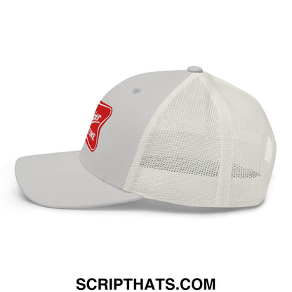 Gray it’s baker time embroidered mesh trucker hat with red patch on side and white mesh back visible
