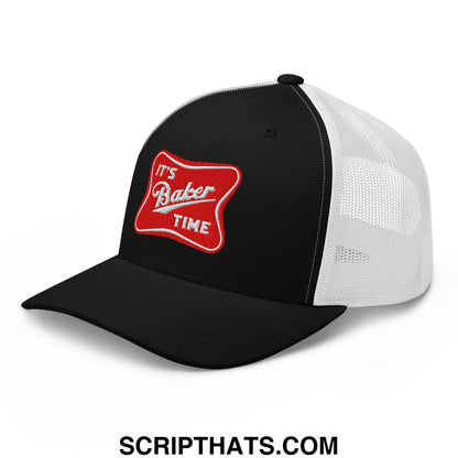 Black and white mesh trucker hat with red embroidered patch reading its baker time in cursive script