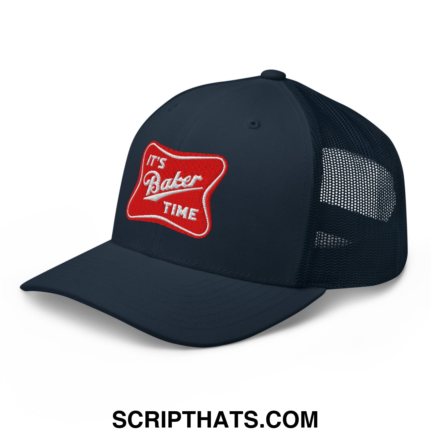 Dark navy mesh trucker hat with red embroidered patch reading its baker time in white script