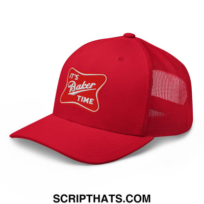 Red embroidered mesh trucker hat with a white its baker time logo on the front